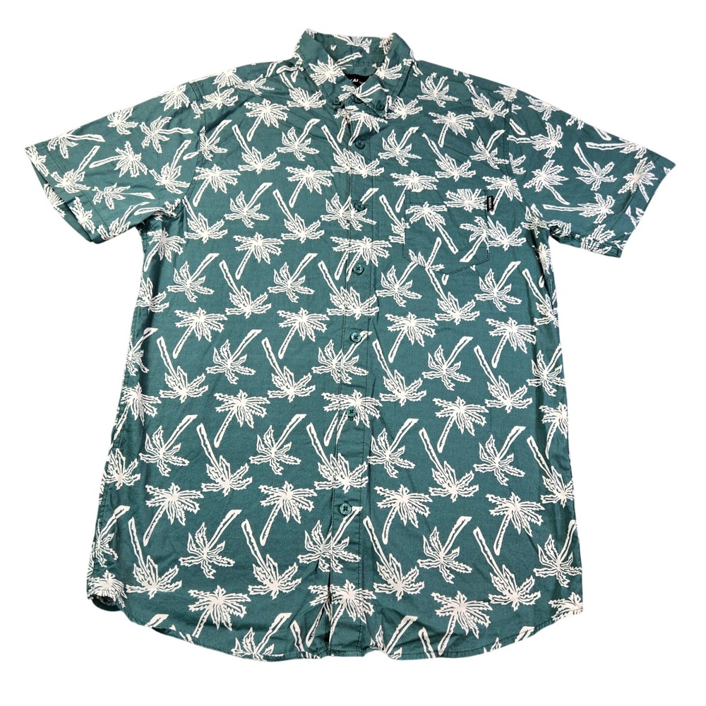 Molokai Surf Co Men's Teal Green Palm Tree Print Cotton Button Up Shirt Size Med